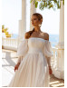 Off Shoulder Ivory Pleated Chiffon Corset Back Flowing Wedding Dress